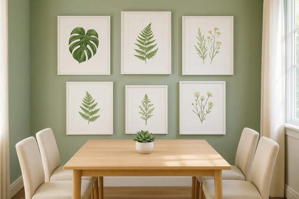 botanical prints dining room wall decor ideas with framed plant illustrations on sage green wall
