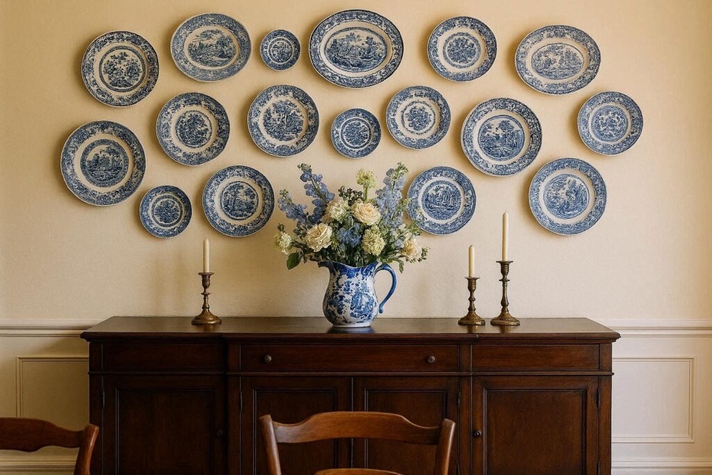 vintage plate wall dining room wall decor ideas with blue and white china on cream wall