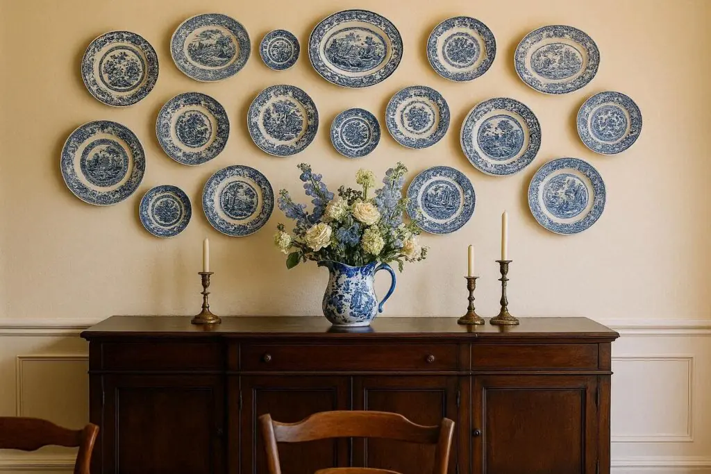 vintage plate wall dining room wall decor ideas with blue and white china on cream wall