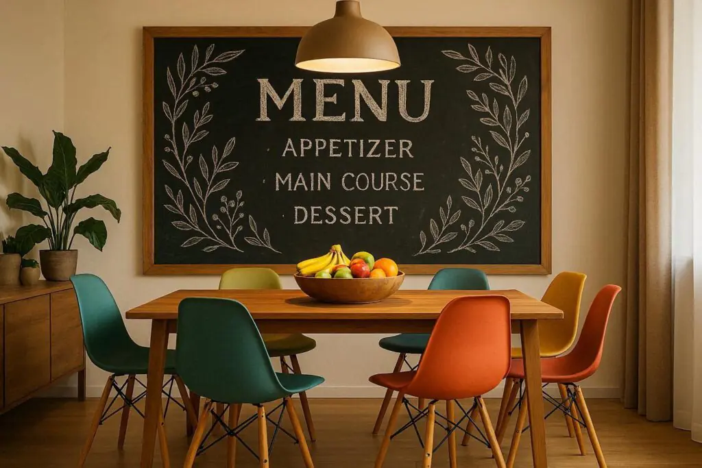 chalkboard wall dining room wall decor ideas with hand-lettered menu in family dining room