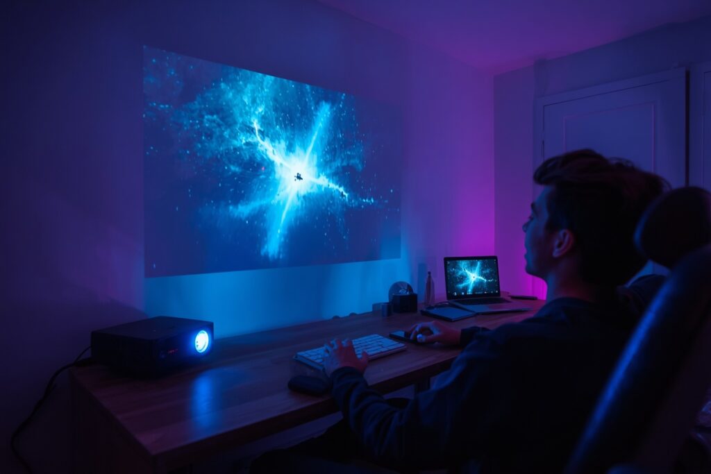 Mini projector dorm room movie night setup for guys 2026 — Nebula projector ambient lighting