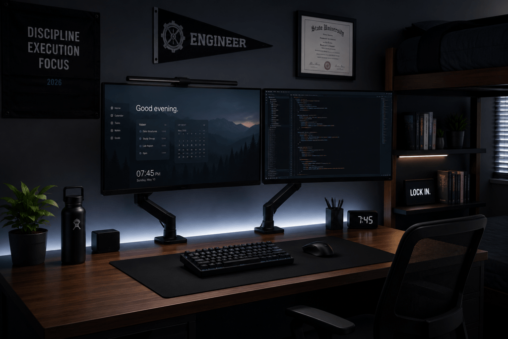 Dual monitor dorm room desk setup decorating idea for guys 2026 — professional workspace