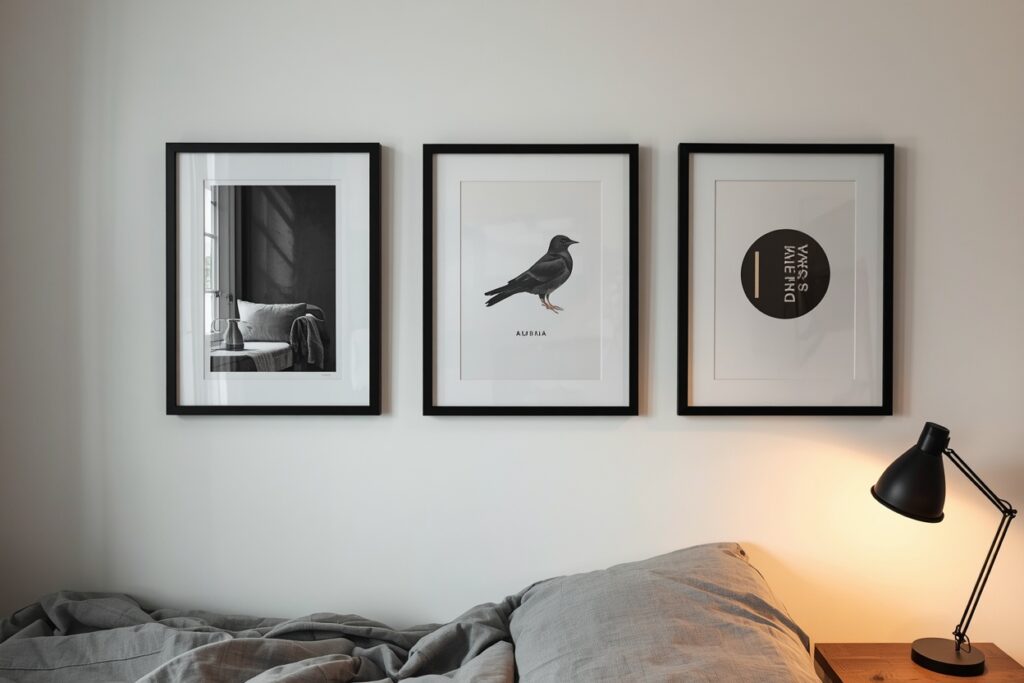 Gallery wall dorm room decorating idea for guys 2026 — curated art prints with black frames