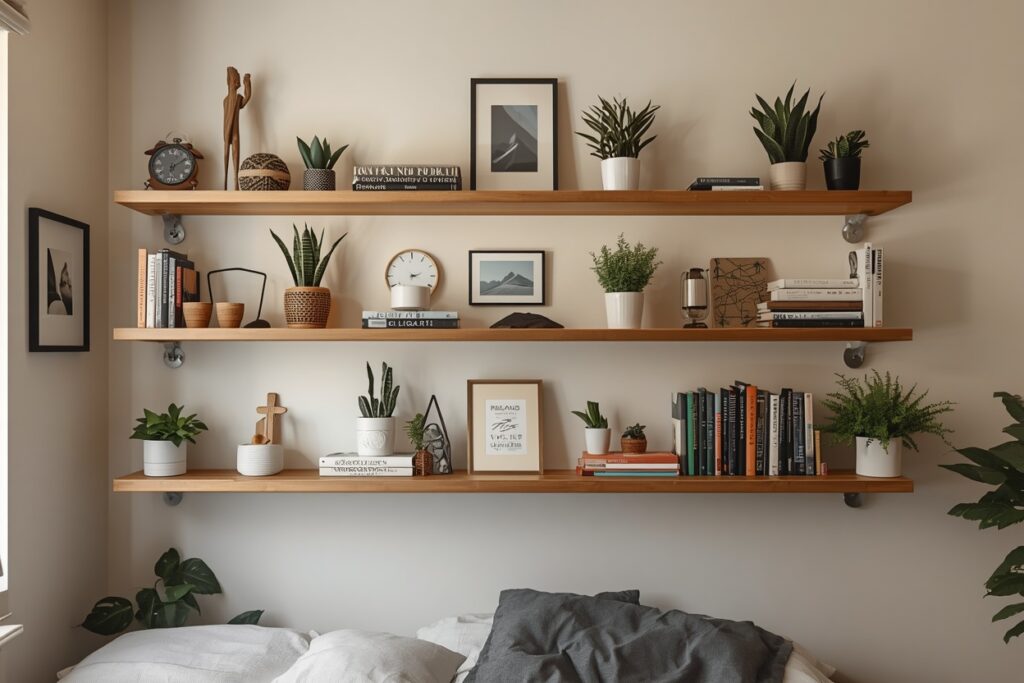 Floating shelves dorm room decorating idea for guys 2026 — wooden wall shelves with plants and books