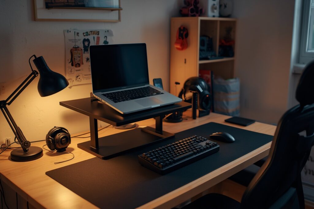 Vertical laptop stand desk setup dorm room decorating idea for guys 2026 — organized workspace