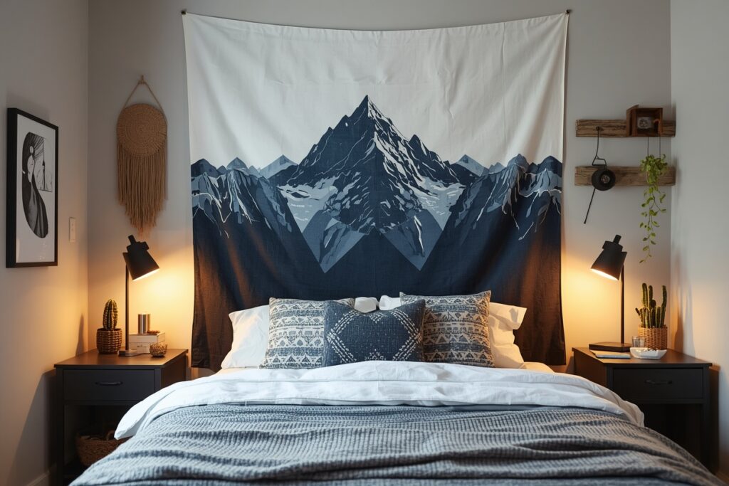 Tapestry wall hanging dorm room decorating idea for guys 2026 — geometric mountain design