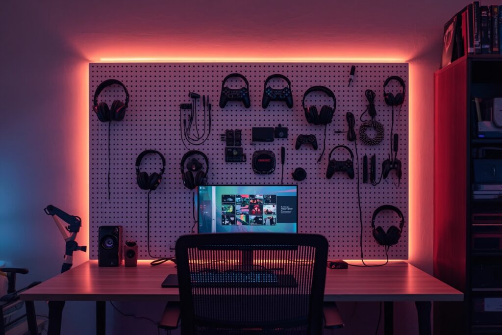 Pegboard gaming wall dorm room decorating idea for guys 2026 — organized gaming station