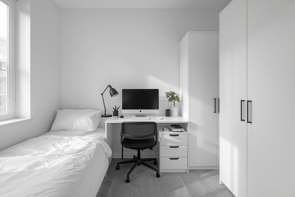 Minimalist monochrome dorm room decorating ideas for guys — clean white and grey setup 2026
