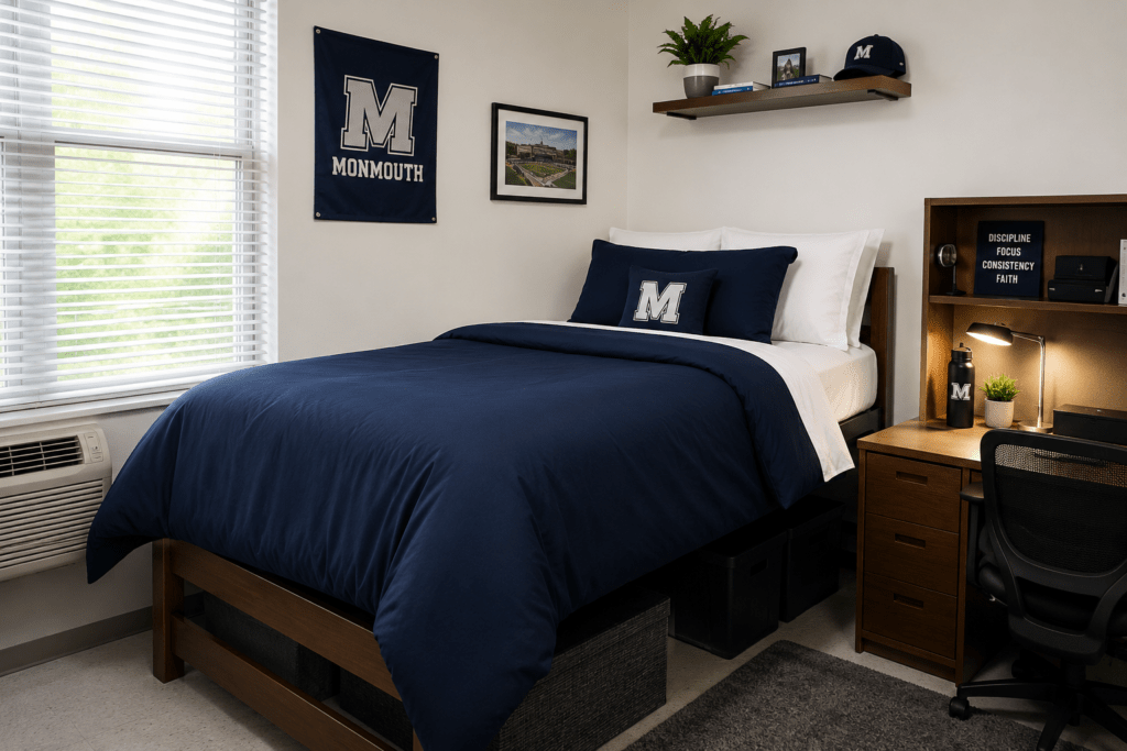 Quality duvet cover bedding dorm room decorating idea for guys 2026 — hotel-style bed setup
