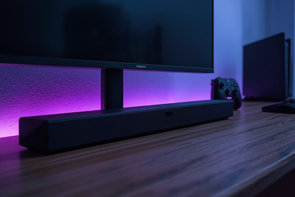 Soundbar dorm room setup decorating idea for guys 2026 — gaming audio tech arrangement