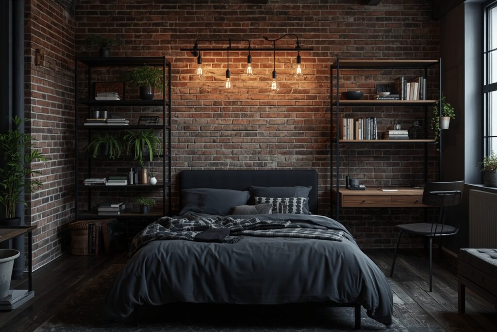 Industrial loft dorm room decorating ideas for guys 2026 — brick accent wall and metal shelving
