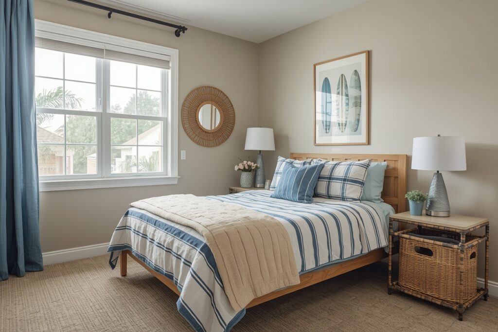 Coastal aesthetic dorm room decorating ideas for guys — surf-inspired beach vibe 2026