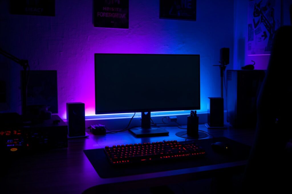 LED strip lights behind monitor — dorm room decorating ideas for guys 2026