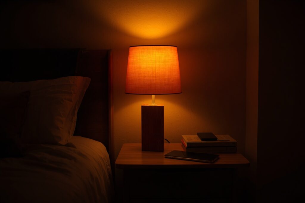 Warm bedside lamp dorm room lighting idea for guys — cozy dorm atmosphere 2026