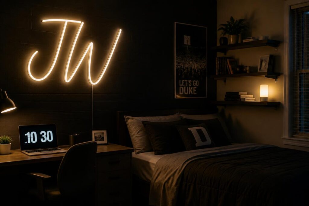 Custom neon sign dorm room decorating idea for guys 2026 — personalized LED wall art