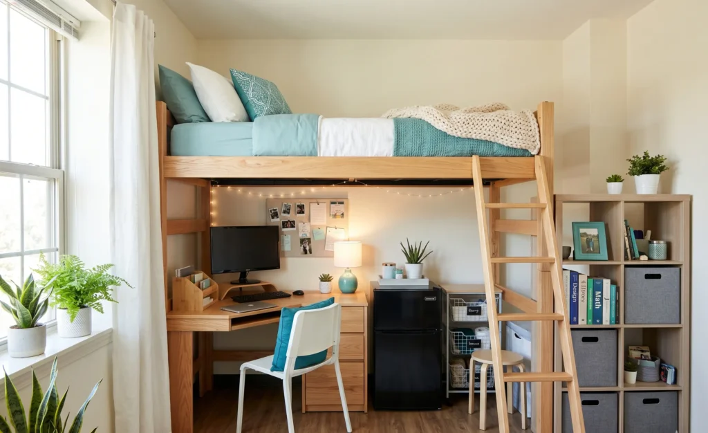 dorm room setup with lofted bed and storage underneath 