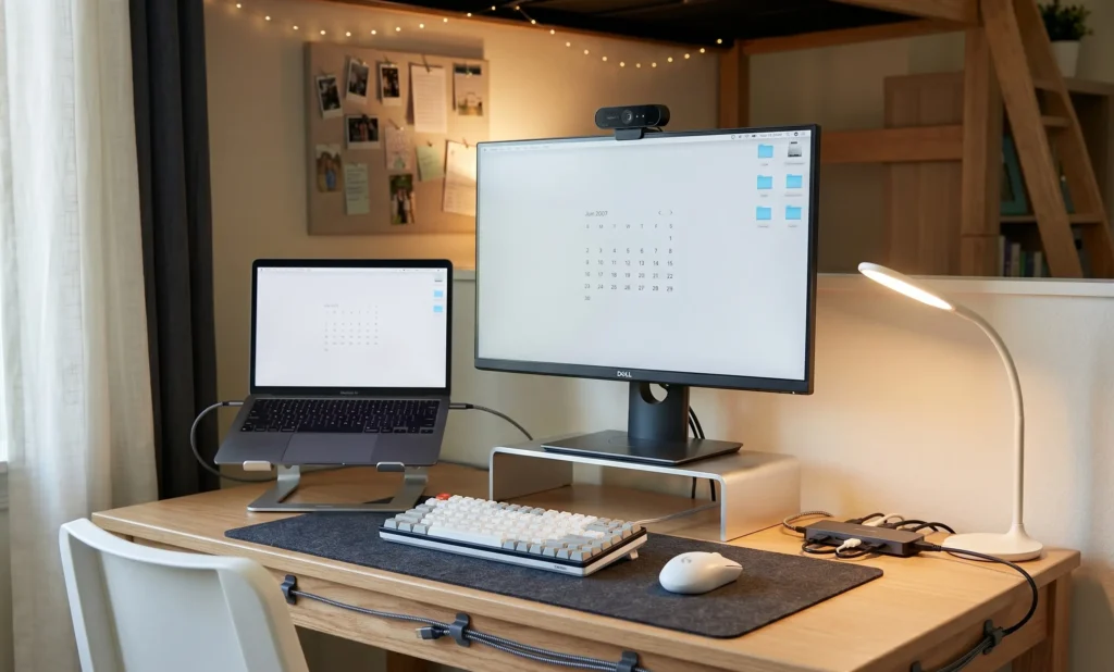  dorm room setup desk with monitor stand, keyboard, and cable management