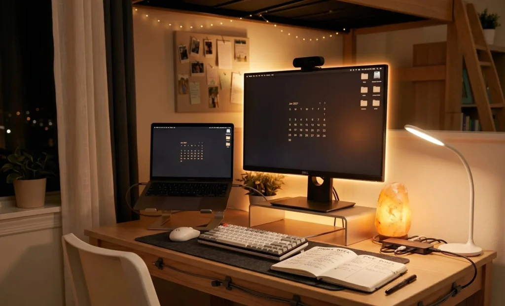 dorm room setup with LED strip lights and desk lamp for ambient lighting 