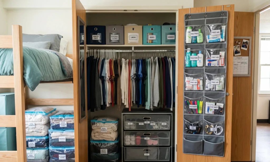 dorm room setup with under-bed storage and over-door organizers