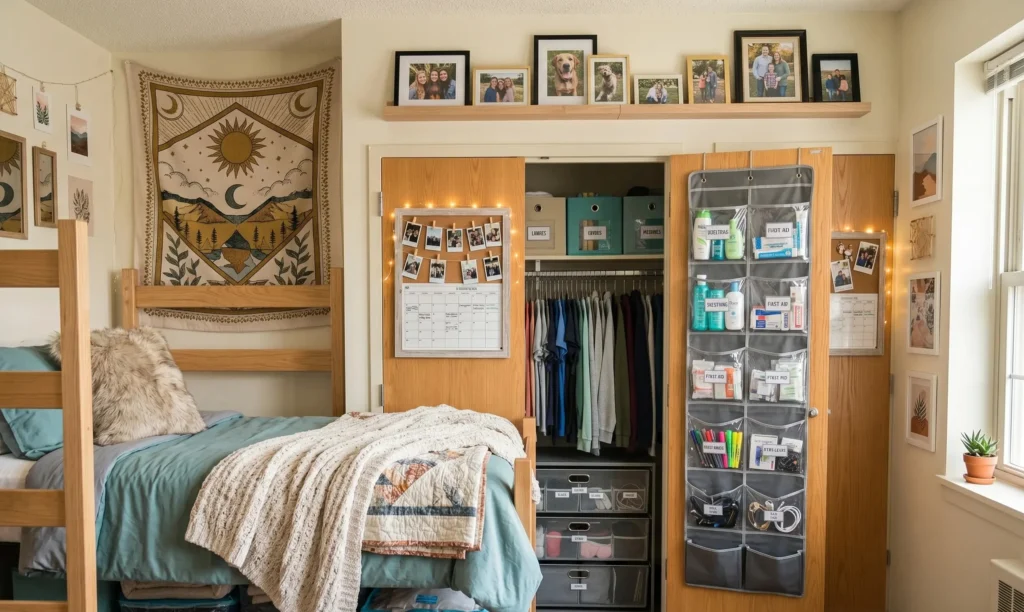 dorm room setup with tapestry wall decor, plants, and fairy lights for a cozy home feel 