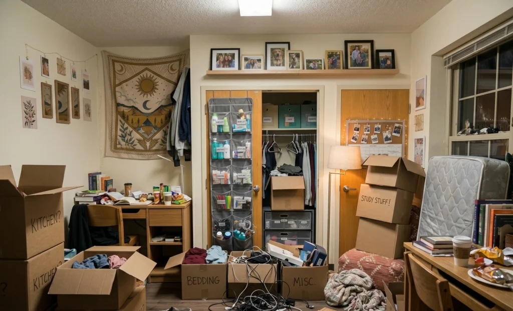  common dorm room setup mistakes — overcrowded messy dorm room before organization