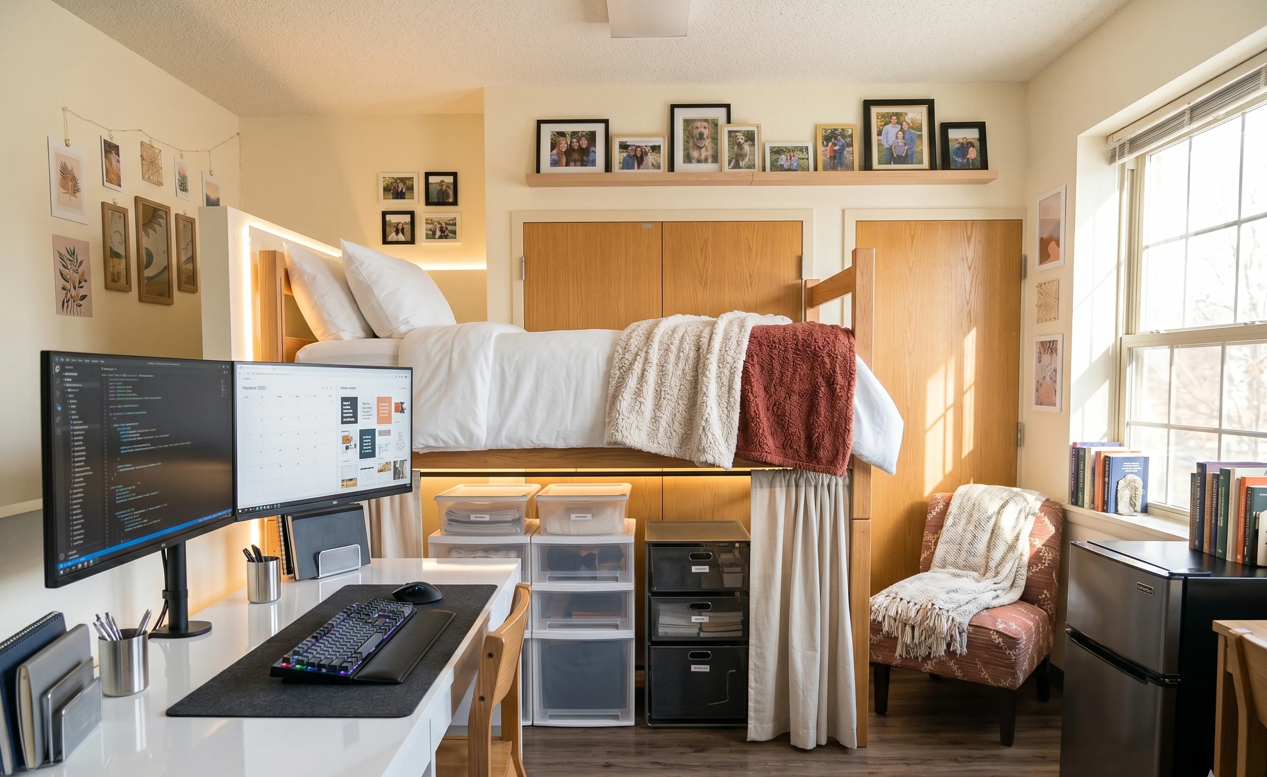 Perfect dorm room setup with organized desk, smart lighting, and space-saving furniture
