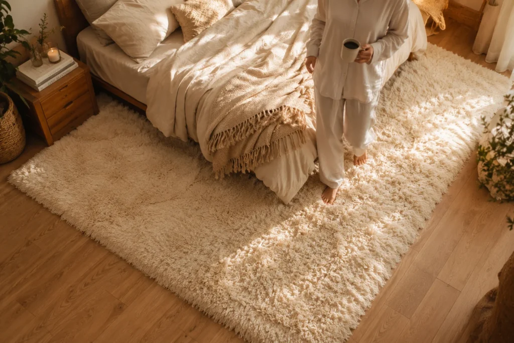 cozy bedroom aesthetic plush shag rug under bed on wood floor