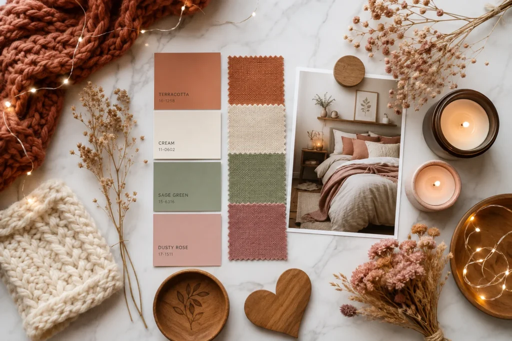 cozy bedroom aesthetic mood board with warm color palette and textures