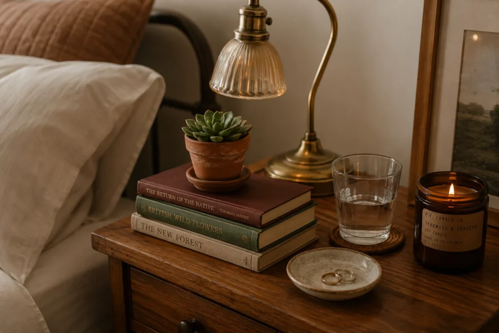 cozy bedroom aesthetic nightstand styling with lamp books and plants