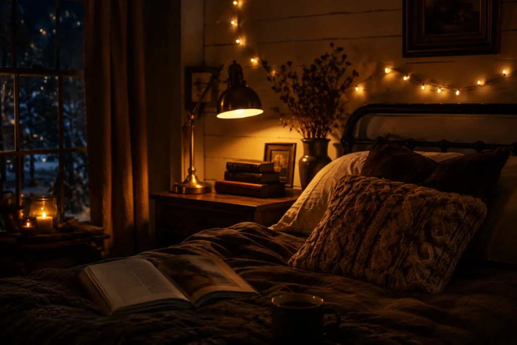 cozy bedroom aesthetic warm fairy lights and layered lighting at night