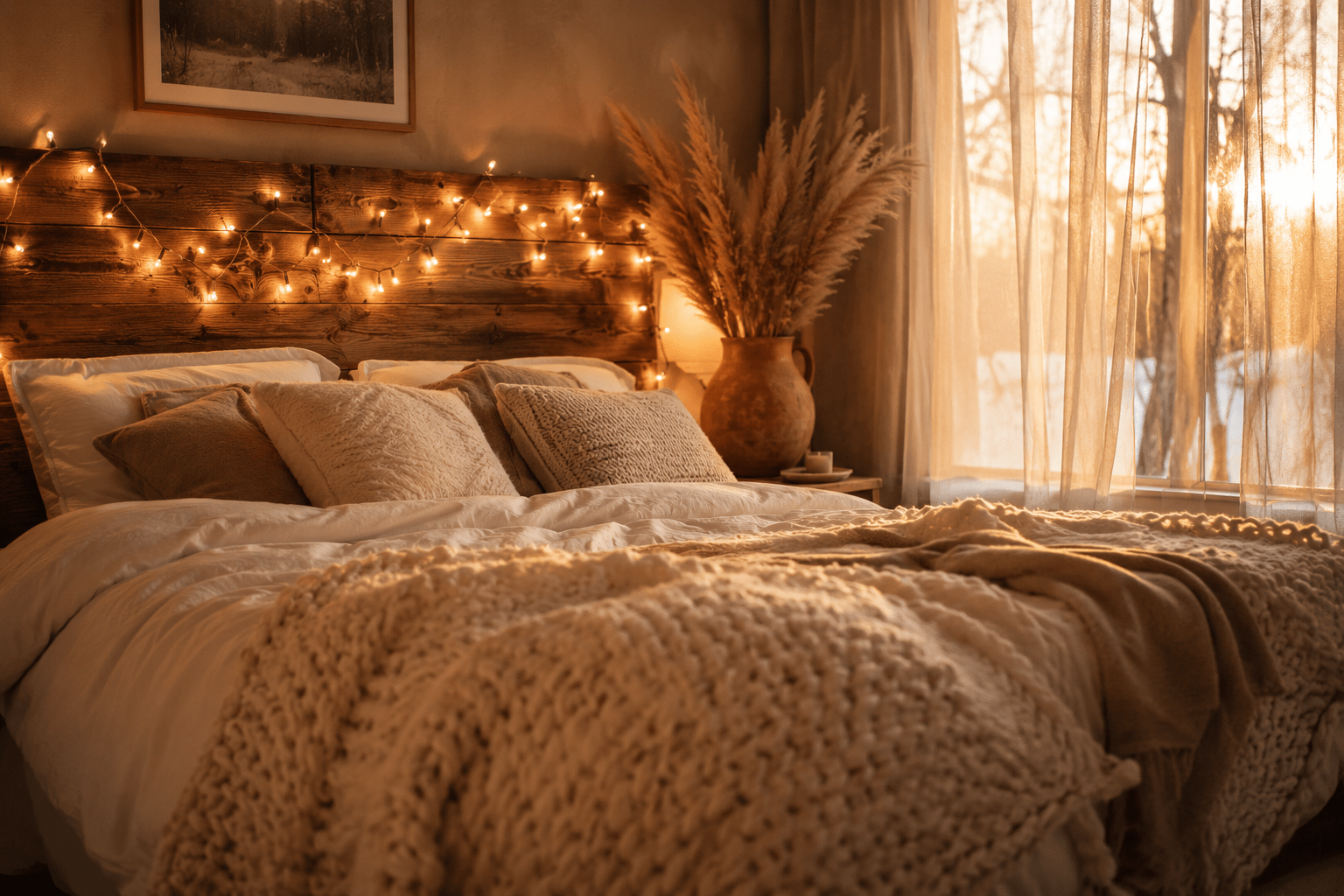 cozy bedroom aesthetic with warm fairy lights and soft blankets in winter 2025