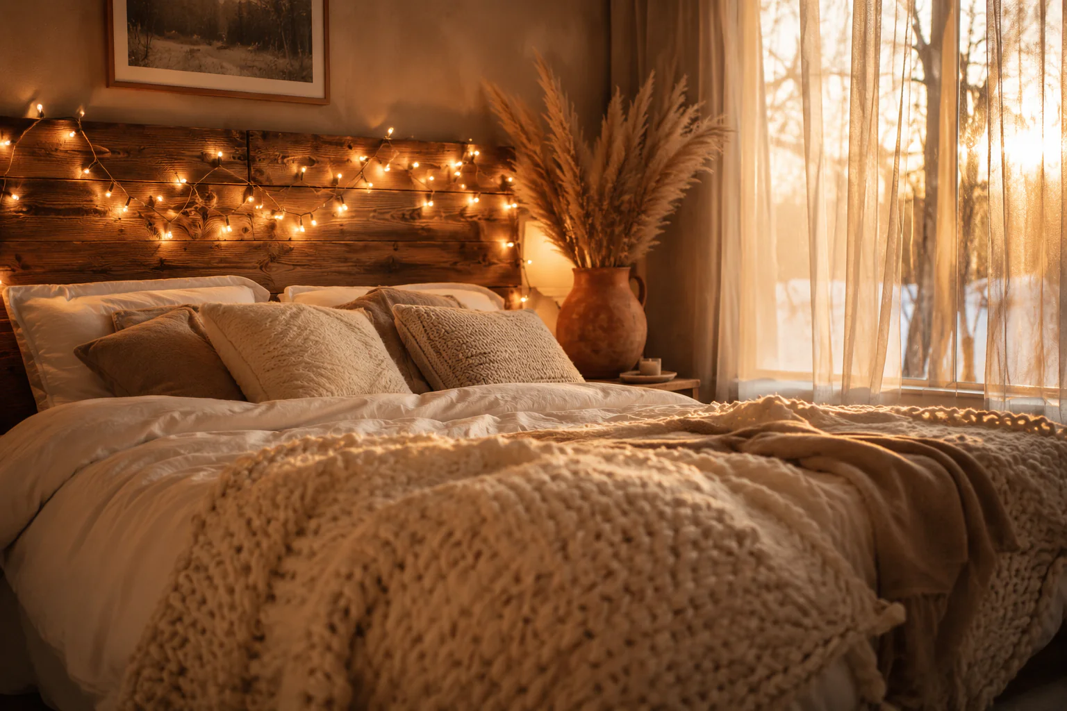 cozy bedroom aesthetic with warm fairy lights and soft blankets in winter 2025