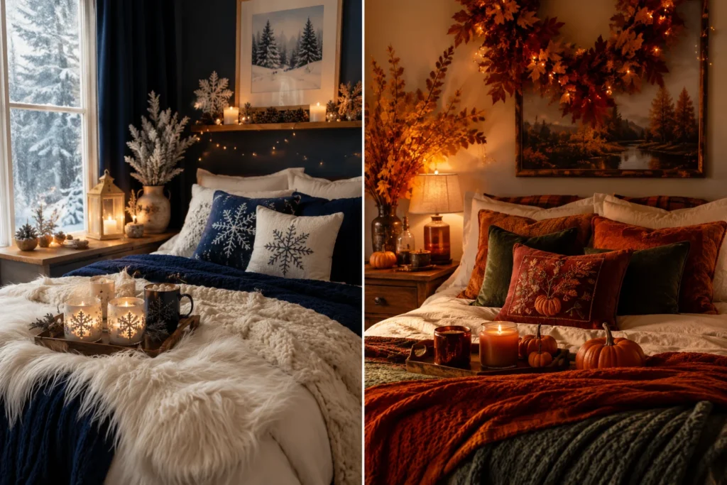 winter and fall cozy bedroom aesthetic seasonal comparison 2026