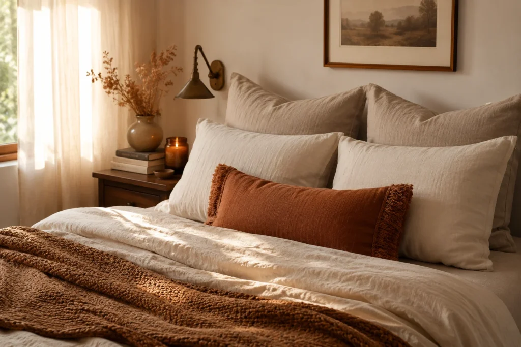 cozy bedroom aesthetic pillow stack layering with linen and knit pillows