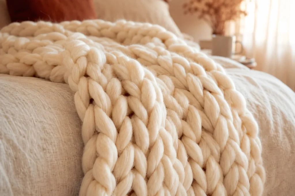 chunky knit throw blanket on cozy bedroom aesthetic bed in winter