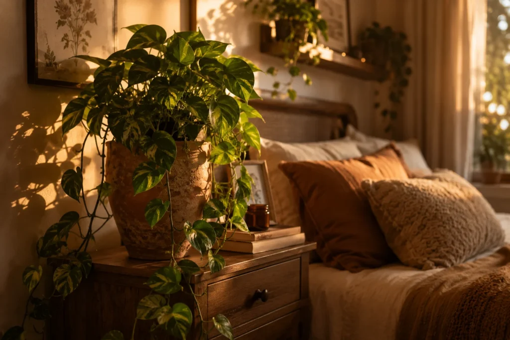 bedroom plants in cozy bedroom aesthetic corner with pothos and terracotta pots