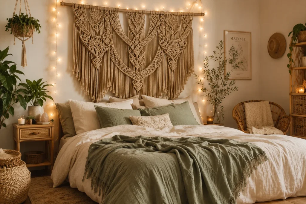 macrame wall hanging above bed in cozy bedroom aesthetic boho style
