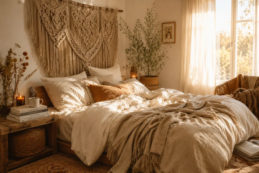 linen bedding in cozy bedroom aesthetic with warm morning light