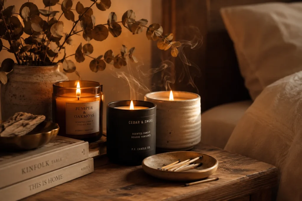 cozy bedroom aesthetic candles and scent on nightstand