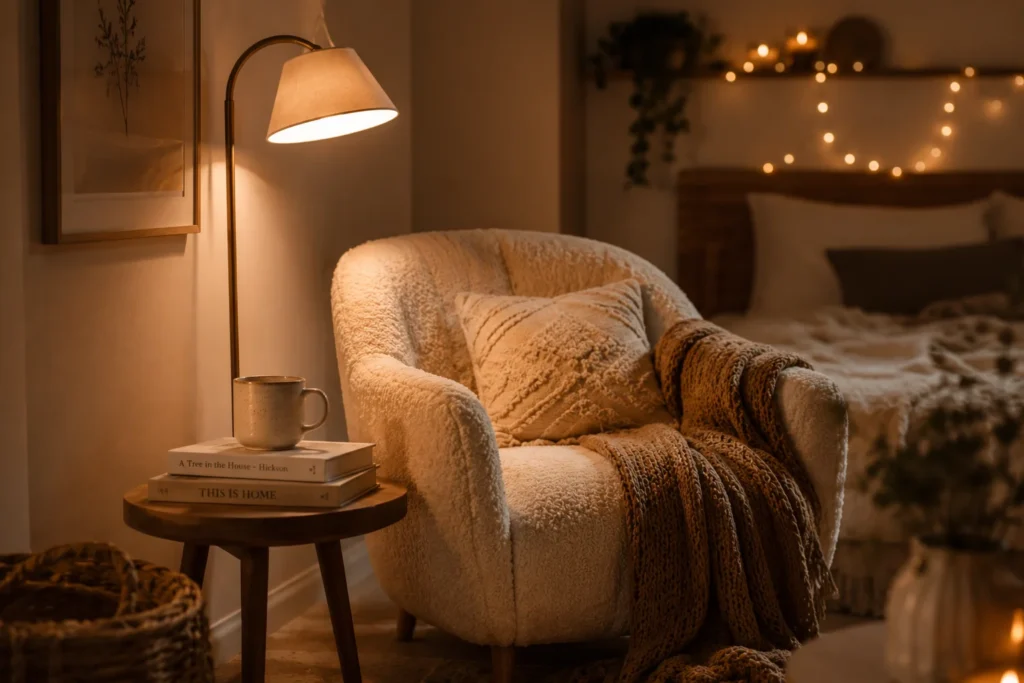 cozy bedroom aesthetic reading nook with boucle chair and warm lamp