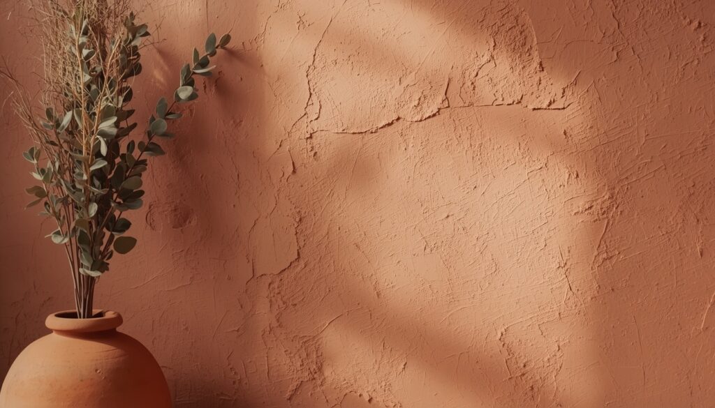 earthy living room decor 2026 limewash accent wall in warm clay tone
