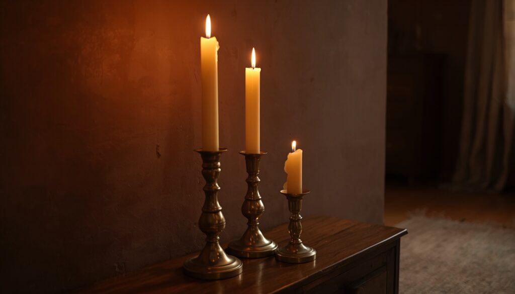 earthy living room decor 2026 vintage brass candleholders warm lighting
