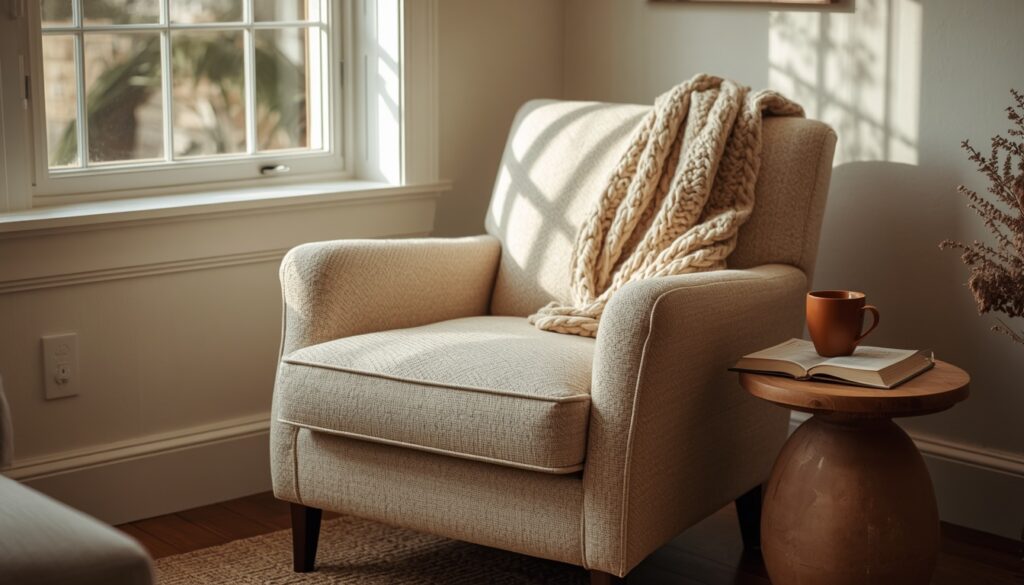 earthy living room decor 2026 boucle armchair cozy reading corner