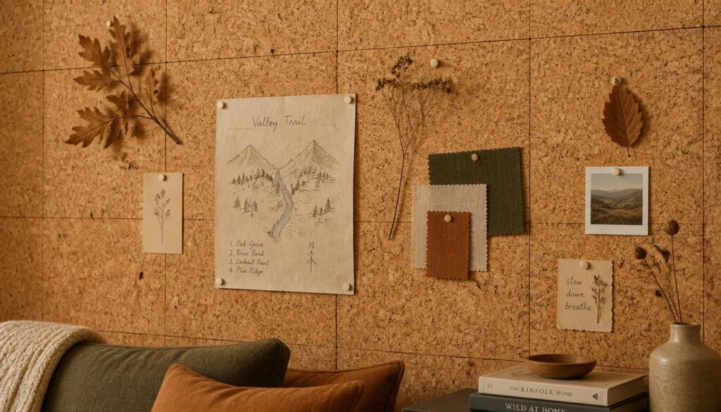 earthy living room decor 2026 cork board feature wall natural texture