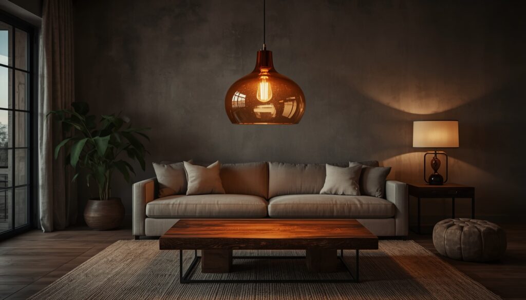 earthy living room decor 2026 amber glass pendant light warm glow