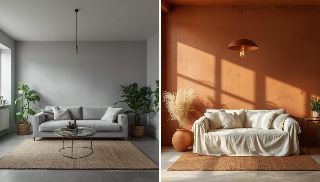 earthy living room decor 2026 before and after grey to earthy transformation
