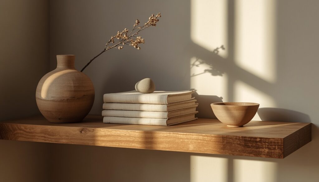 earthy living room decor 2026 wabi-sabi clay shelf styling