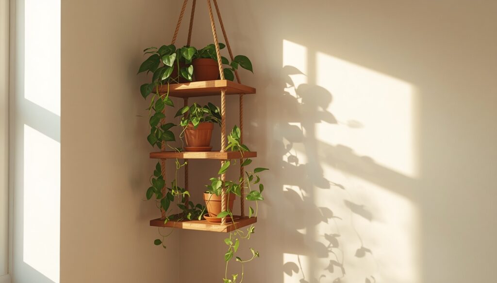 earthy living room decor 2026 biophilic hanging plant shelf