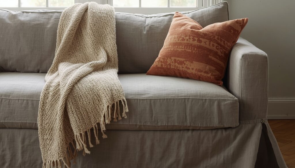 earthy living room decor 2026 linen sofa slipcover transformation