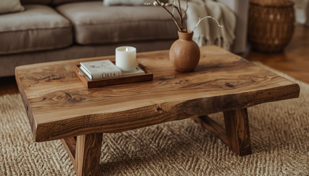 earthy living room decor 2026 reclaimed wood coffee table styling